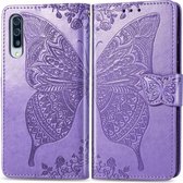Voor Galaxy A70s Butterfly Love Flower Reliëf Horizontale Flip Leren Case met Beugel / Kaartsleuf / Portemonnee / Lanyard (Lichtpaars)