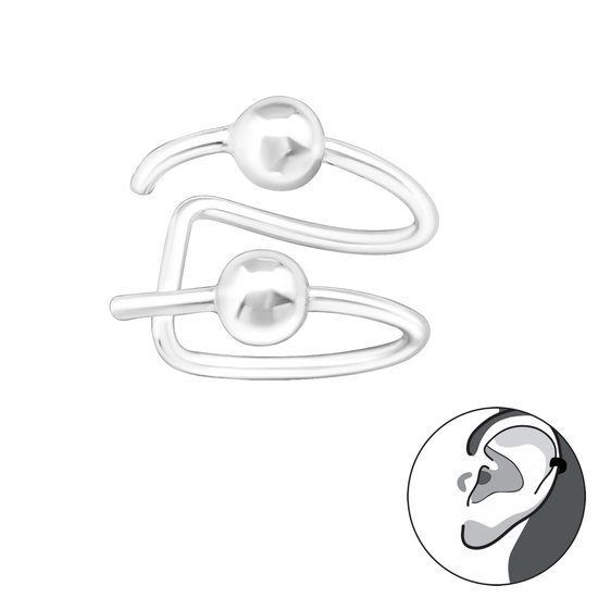 Zilveren oorclip met twee bolletjes en een zigzag design.