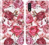 Voor Samsung Galaxy A01 3D Schilderij Gekleurd Tekening Patroon Horizontaal Flip TPU + PU Leren Hoesje met Houder & Kaartsleuven & Portemonnee & Lanyard (Kleine Rode Bloem)