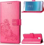 Voor Samsung Galaxy J3 (2018) vierbladige sluiting reliëf gesp mobiele telefoon bescherming lederen tas met lanyard & kaartsleuf & portemonnee & beugel functie (magenta)