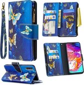 Voor Samsung Galaxy A70 Gekleurde Tekening Patroon Rits Horizontale Flip Leren Case met Houder & Kaartsleuven & Portemonnee (Goud Vlinder)