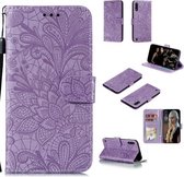 Voor Samsung Galaxy M01 Kant Bloem Horizontale Flip Leren Case met Houder & Kaartsleuven & Portemonnee & Fotolijst (Paars)