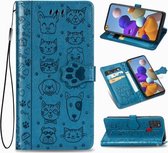 Voor Samsung Galaxy A21s Lovely Cat and Dog Embossing Pattern Horizontale Flip Leather Case, met houder & kaartsleuven & portemonnee & Cartoon sluiting & Lanyard (blauw)