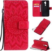 Voor OPPO A9 2020 / A5 2020 Geperst afdrukken Zonnebloempatroon Horizontale flip PU lederen tas met houder & kaartsleuven & portemonnee & lanyard (rood)