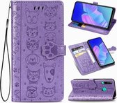 Voor Huawei Y7P Leuke Kat en Hond Reliëf Horizontale Flip Leren Case met Beugel / Kaartsleuf / Portemonnee / Lanyard (Paars)