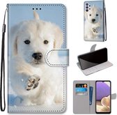 Voor Samsung Galaxy A32 5G Gekleurde Tekening Cross Textuur Horizontale Flip PU Lederen Case met Houder & Kaartsleuven & Portemonnee & Lanyard (Sneeuw Puppy)