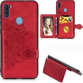 Voor Samsung Galaxy A11 Mandala Reliëf Magnetische Doek PU + TPU + PC Case met Houder & Kaartsleuven & Portemonnee & Fotolijst & Riem (Rood)