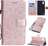 Voor Galaxy A01 Geperst Afdrukken Zonnebloempatroon Horizontale Flip PU-lederen Case met Houder & Kaartsleuven & Portemonnee & Lanyard (Rose Goud)