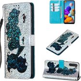 Voor Galaxy A21 - Leren hoesje met glitterpatroon met links en rechts met beugel en kaartsleuf en portemonnee en draagkoord (Datura Flower)