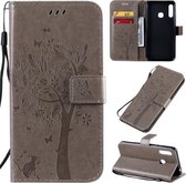 Voor Galaxy A70e Tree & Cat Pattern Pressed Printing Horizontale Flip PU Leather Case met houder & kaartsleuven & portemonnee & Lanyard (grijs)