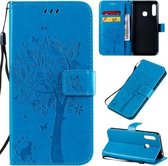 Voor Galaxy A70e Tree & Cat Pattern Pressed Printing Horizontale Flip PU lederen tas met houder & kaartsleuven & portemonnee & lanyard (blauw)