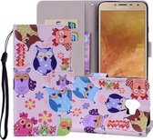 Gekleurde uilpatroon Gekleurde tekening Horizontale leren flip-hoes voor Galaxy J4 (EU-versie) (2018), met houder en kaartsleuven en portemonnee en draagkoord