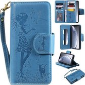 Voor iPhone 11 Pro vrouw en kat reliëf horizontale flip lederen tas, met portemonnee en houder & kaartsleuven & fotolijst & spiegel & lanyard (blauw)
