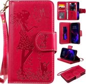 Voor iPhone 11 vrouw en kat in reliëf gemaakte horizontale lederen flip-hoes, met portemonnee & houder & kaartsleuven & fotolijst & spiegel & lanyard (rood)