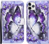 Voor iPhone 11 Pro Max 3D Geschilderd Patroon Horizontale Leren Flip Case met Houder & Portemonnee & Kaartsleuf & Lanyard (Purple Flower Butterfly)