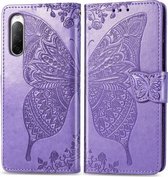 Voor Sony Xperia 10 II Vlinder Liefde Bloem Reliëf Horizontale Flip Leren Case met Beugel / Kaartsleuf / Portemonnee / Lanyard (Lichtpaars)