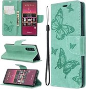 Voor Sony Xperia 5 / XZ5 Embossing Two Butterflies Pattern Horizontale Flip PU Leather Case met houder & kaartsleuf & portemonnee & lanyard (groen)