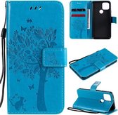 Voor Google Pixel 5 Boom & Kat Reliëfpatroon Horizontale Flip Leren Case met Houder & Kaartsleuven & Portemonnee & Lanyard (Blauw)