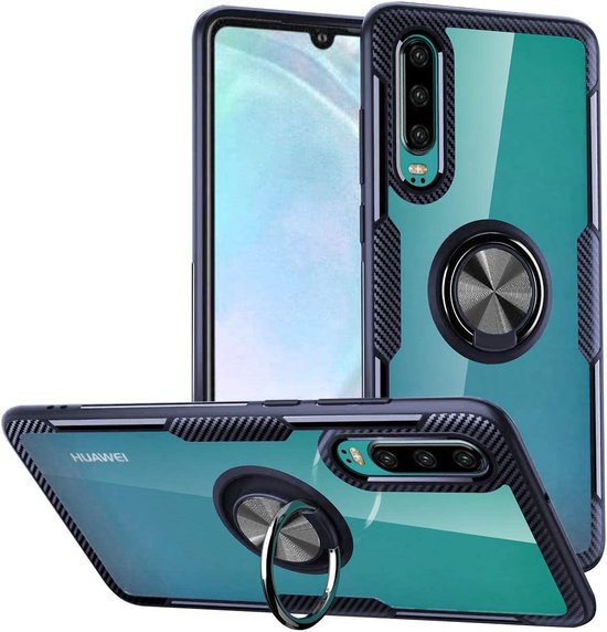 Coque Huawei P30 Lite Luex Support de Ring en fibre de carbone Armor - Blauw