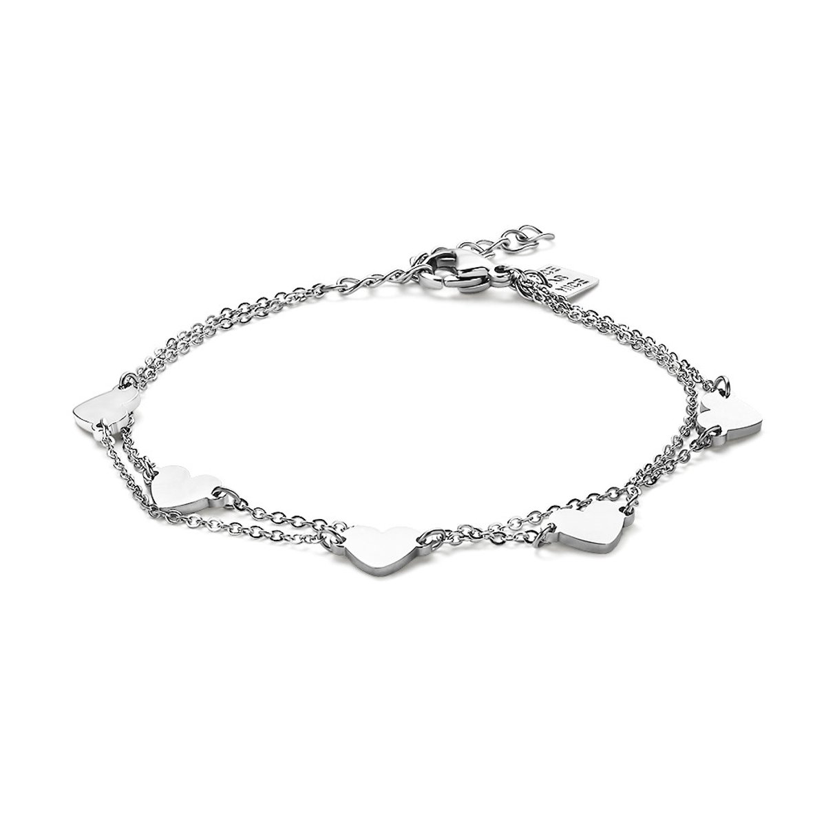 Twice As Nice Armband in edelstaal, dubbele ketting met 5 hartjes 19cm