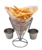 Sachet de frites en acier inoxydable Decopatent® - Porte-sachet de frites avec 2 tasses à sauce - Sachet de collations / frites en métal debout / Porte-sachet de frites