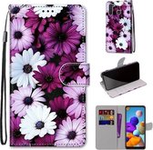 Voor Samsung Galaxy A21 Gekleurde tekening Cross Texture Horizontale Flip PU lederen tas met houder & kaartsleuven & portemonnee & lanyard (Chrysanthemum Pink White Purple)