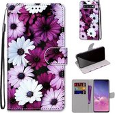 Voor Samsung Galaxy S10 + Gekleurde tekening Cross Texture Horizontale Flip PU lederen tas met houder & kaartsleuven & portemonnee & lanyard (Chrysanthemum Pink White Purple)