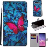 Voor Samsung Galaxy S10 + Gekleurde tekening Cross Texture Horizontale Flip PU lederen tas met houder & kaartsleuven & portemonnee & lanyard (grote rode vlinder op blauw)