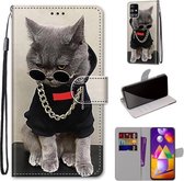 Voor Samsung Galaxy M31s Gekleurde Tekening Cross Textuur Horizontale Flip PU Lederen Case met Houder & Kaartsleuven & Portemonnee & Lanyard (Gouden Ketting Grijze Kat)