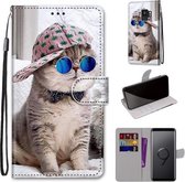 Voor Samsung Galaxy S9 Gekleurde Tekening Cross Textuur Horizontale Flip PU Leren Case met Houder & Kaartsleuven & Portemonnee & Lanyard (Schuine Hoed Blauwe Spiegel Kat)