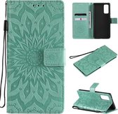 Voor Samsung Galaxy S20 FE Geperst Afdrukken Zonnebloempatroon Horizontale Flip PU-lederen Case met Houder & Kaartsleuven & Portemonnee & Lanyard (Groen)