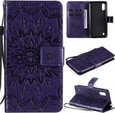 Voor Samsung Galaxy M01 Geperst Afdrukken Zonnebloempatroon Horizontale Flip PU-lederen Case met Houder & Kaartsleuven & Portemonnee & Lanyard (Paars)