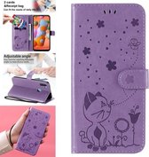 Voor Samsung Galaxy A11 Kat Bee Embossing Patroon Schokbestendig Horizontaal Flip Leren Hoesje met Houder & Kaartsleuven & Portemonnee (Paars)