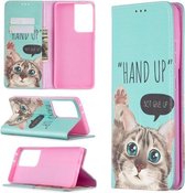 Voor Samsung Galaxy S21 Ultra 5G Gekleurde Tekening Patroon Onzichtbare Magnetische Horizontale Flip PU Lederen Case met Houder & Kaartsleuven & Portemonnee (Kat)