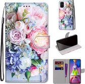 Voor Samsung Galaxy M51 Gekleurde Tekening Cross Textuur Horizontale Flip PU Lederen Case met Houder & Kaartsleuven & Portemonnee & Lanyard (Lichtroze Boeket)