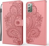 Voor Samsung Galaxy Note20 / 5G Pauw Reliëf Patroon Horizontale Flip Leren Case met Houder & Kaartsleuven & Portemonnee & Lanyard (Roze)