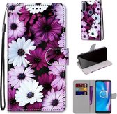 Voor Alcatel 1S (2020) / 3L (2020) Gekleurde tekening Cross Texture Horizontale Flip PU lederen tas met houder & kaartsleuven & portemonnee & lanyard (Chrysanthemum Pink White Purp