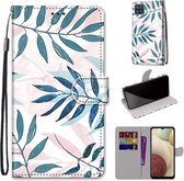Voor Samsung Galaxy A12 / M12 Gekleurde Tekening Cross Textuur Horizontale Flip PU Lederen Case met Houder & Kaartsleuven & Portemonnee & Lanyard (Roze Groen Blad)
