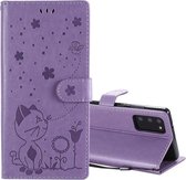 Voor Samsung Galaxy Note 20 Cat Bee Embossing Pattern Shockproof Horizontale Flip Leather Case met houder & kaartsleuven & portemonnee (paars)