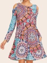 Etnische stijl bedrukte jurk met lange mouwen (kleur: blauw, maat: S)-Blauw