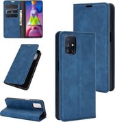 Voor Samsung Galaxy M51 (zijvingerafdruk) Retro-skin Business magnetische zuignap lederen tas met houder & kaartsleuven en portemonnee (donkerblauw)