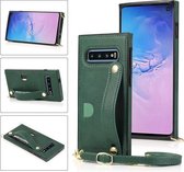 Voor Samsung Galaxy S10 Plus polsband PU + TPU schokbestendige beschermhoes met crossbody lanyard & houder & kaartsleuf (groen)