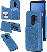 Voor Samsung Galaxy S9 Plus bloem reliëfpatroon schokbestendig beschermhoes met houder & kaartsleuven en fotolijst (blauw)