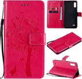 Voor LG K22 / K22 Plus Boom & Kat Patroon Geperst Afdrukken Horizontale Flip PU Lederen Case met Houder & Kaartsleuven & Portemonnee & Lanyard (Rose Rood)