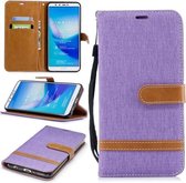 Leren hoesje in bijpassende denimtextuur voor Huawei Y9 2018 & Enjoy 8 Plus, met houder & kaartsleuven & portemonnee & lanyard (paars)