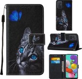 Voor Samsung Galaxy A51 Cross Texture Painting Pattern Horizontale Flip Leather Case met houder & kaartsleuven & portemonnee & Lanyard (Blue Butterfly Cat Eyes)