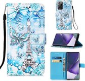 Voor Samsung Galaxy Note20 Ultra Gekleurd Tekening Patroon Plain Weave Horizontale Flip Leren Case met Houder & Kaartsleuf & Portemonnee & Lanyard (Toren Vlinder)