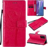 Voor Samsung Galaxy Note20 Tree & Cat Pattern Pressed Printing Horizontale Flip PU Leather Case met houder & kaartsleuven & portemonnee & Lanyard (Rose Red)
