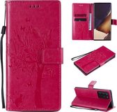 Voor Samsung Galaxy Note20 Ultra Tree & Cat Pattern Pressed Printing Horizontale Flip PU Leather Case met houder & kaartsleuven & portemonnee & Lanyard (Rose Red)