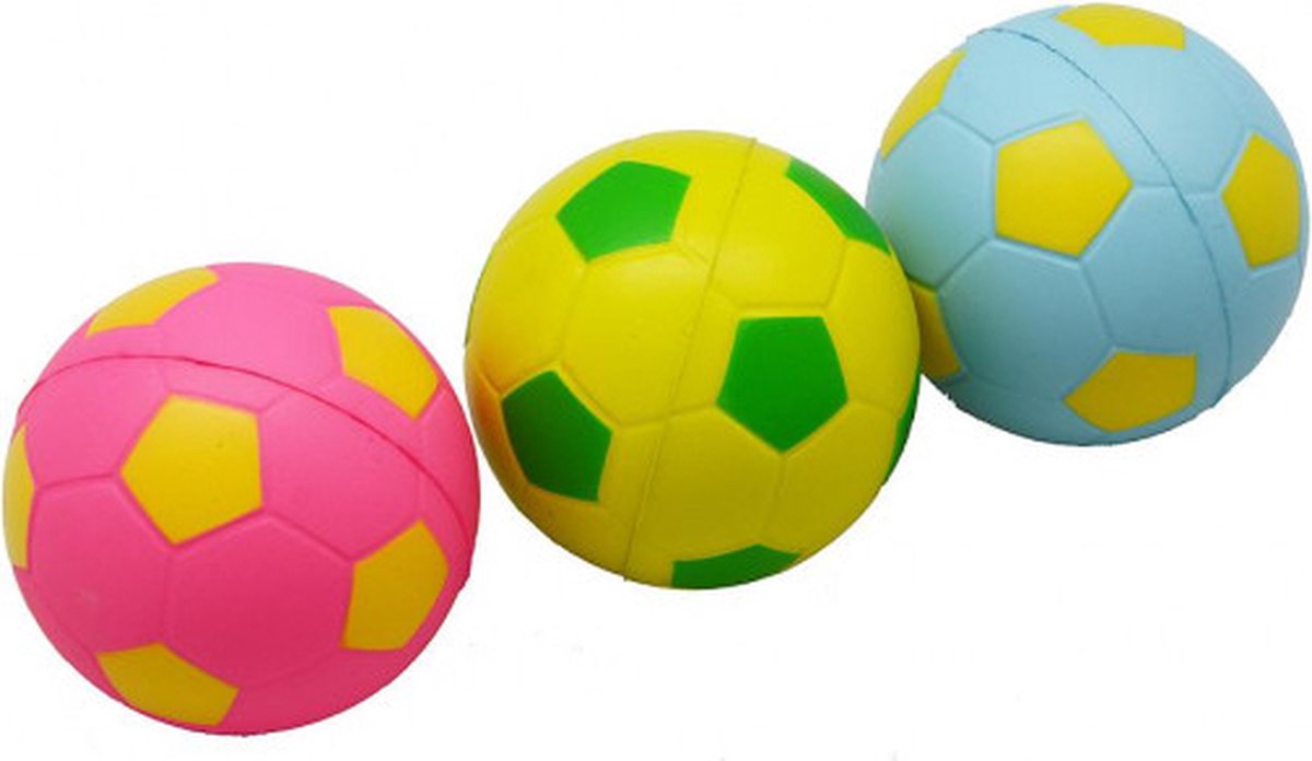 Mixballen Soft Foam – Voetbalprint – Blauw/Roze/Geel – 6,3 cm – Set van 3 in Net – Zachte Schuim Ballen – Mini Speelballen – Kindvriendelijk Speelgoed – Engelhart